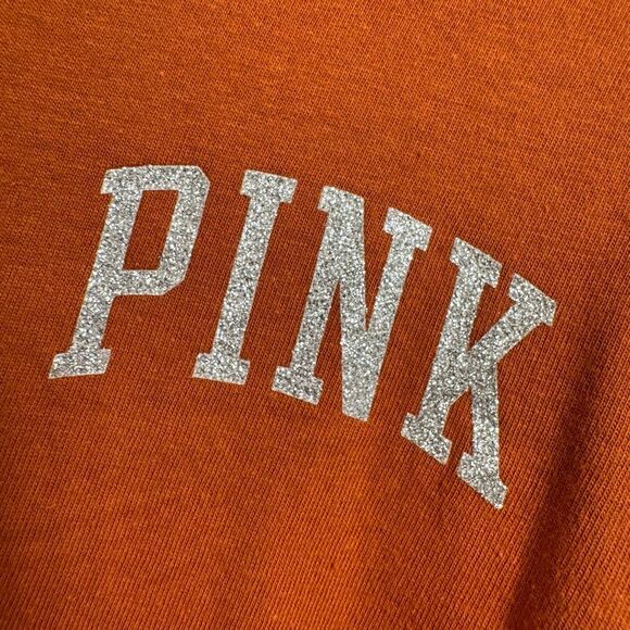 PINK Victorias Secret Orange Silver Glitter Varsity Long Sleeve Hoodie Shirt L N - Picture 5 of 10